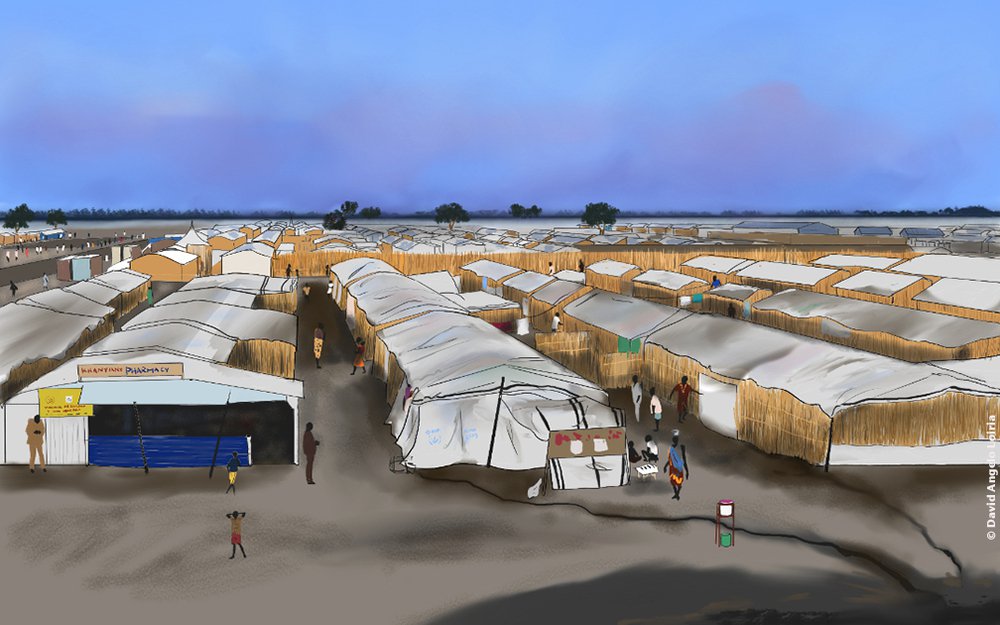Tekening over het leven in een vluchtelingenkamp in Zuid-Soedan