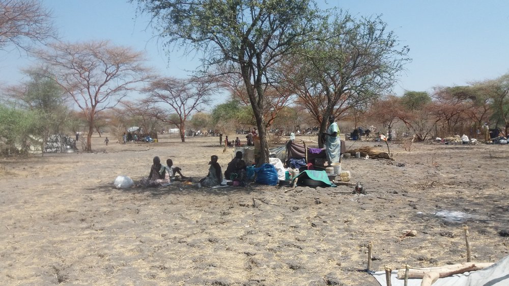Ontheemde mensen in Aburoch, Zuid-Soedan slapen onder een bomen