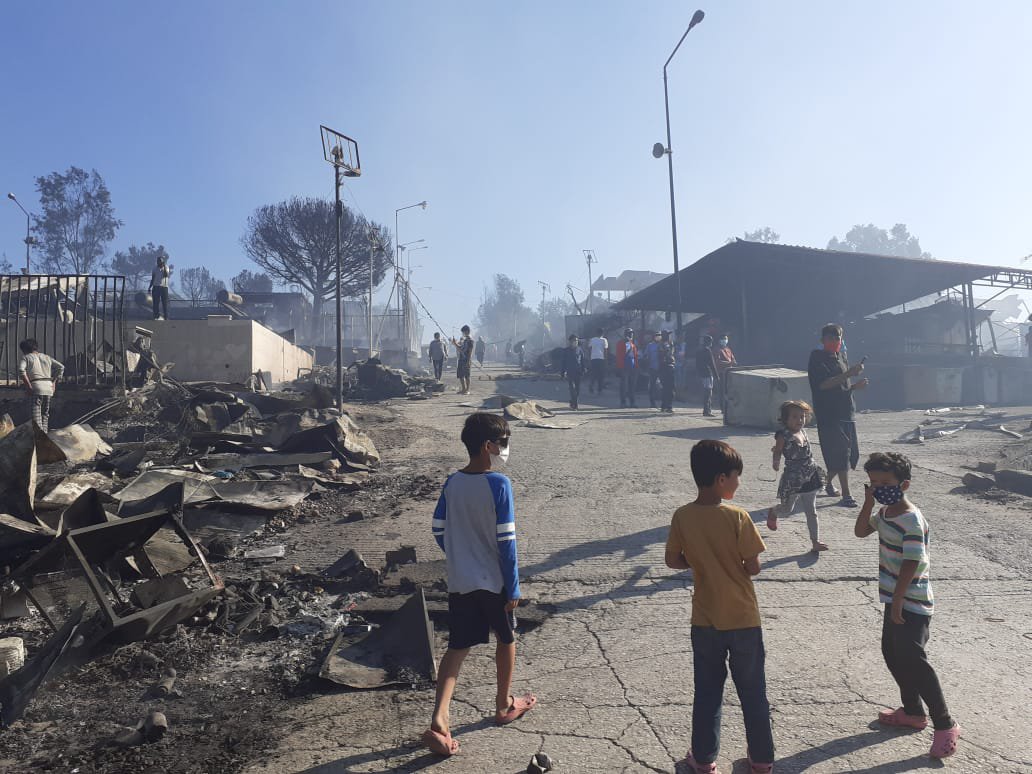 Vluchtelingenkamp Moria op Lesbos na de brand