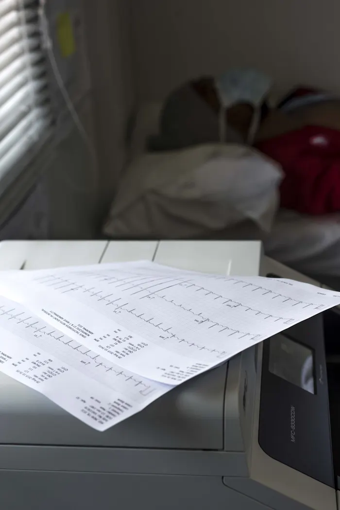 Het ECG, een hartfilmpje dat de elektrische signalen van het hart in een grafiek weergeeft. De pieken en dalen geven de verschillende fasen van een hartslag weer. De hartfilmpjes zullen door specialisten worden geanalyseerd