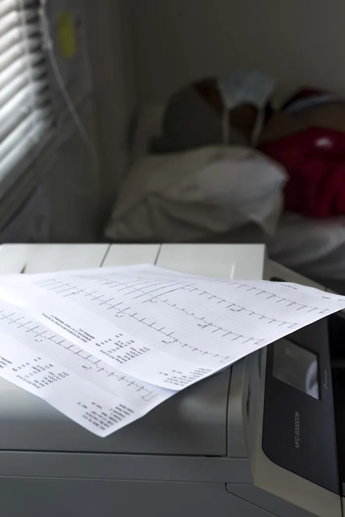 Het ECG, een hartfilmpje dat de elektrische signalen van het hart in een grafiek weergeeft. De pieken en dalen geven de verschillende fasen van een hartslag weer. De hartfilmpjes zullen door specialisten worden geanalyseerd